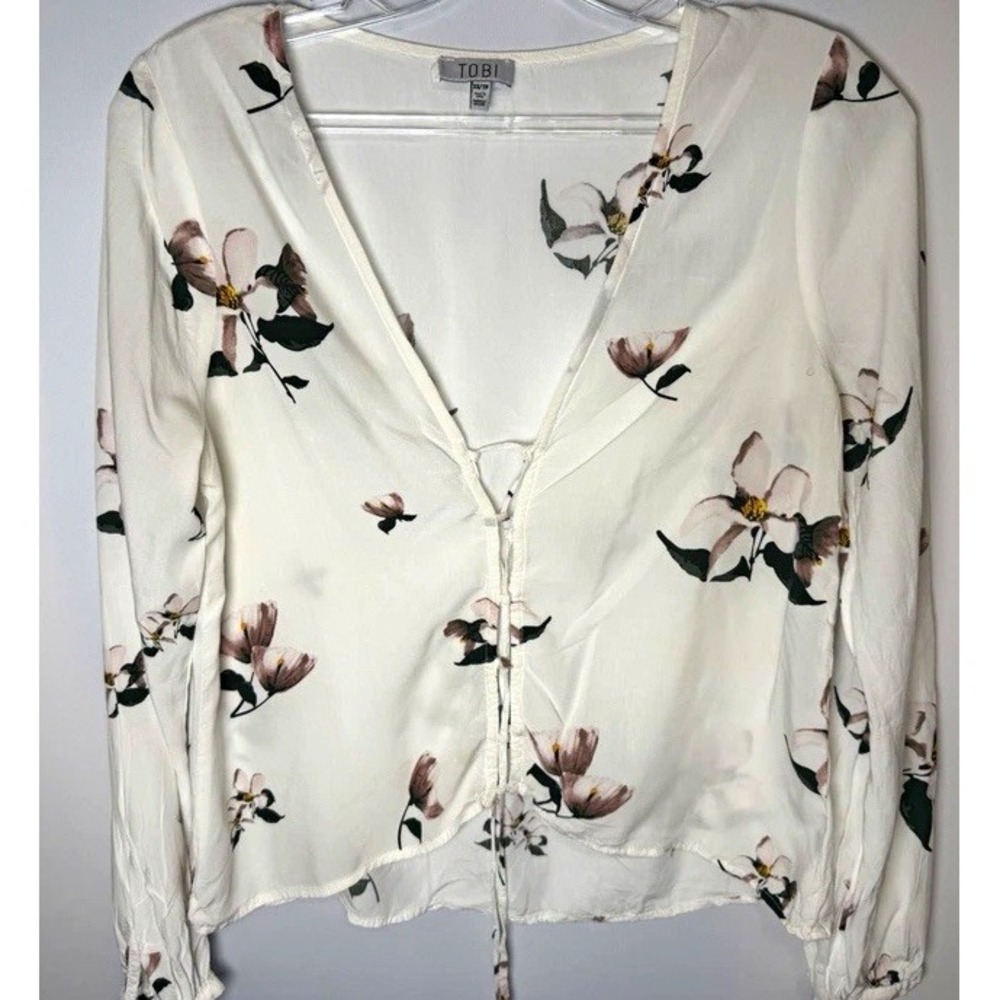 TOBI Women's Blouse Top XS White Floral V-Neck Long Sleeve Tie Front
